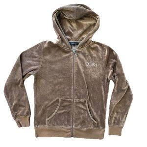 BCBG MAXAZARIA Velour Sweater Womens Medium Brown Bedazzled Zip Long Sleeve